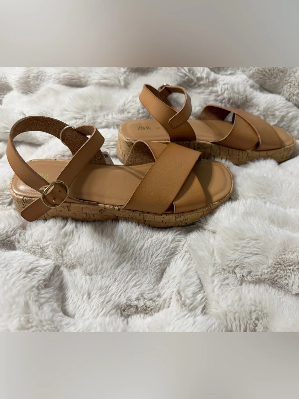 Zara Tan Crisscross Cork Look Platform Sandal Ankle Strap Square Toe Sz 39 8/8.5 - Picture 2 of 6
